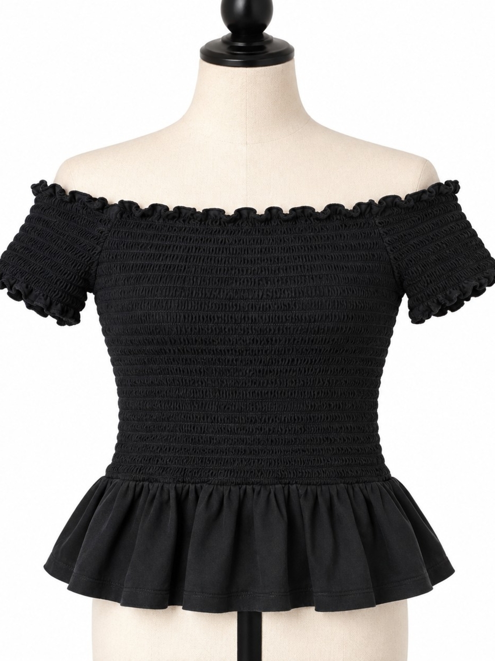 American Eagle Medium Black Smocked Off Shoulder Peplum Top Ruffle Sleeve